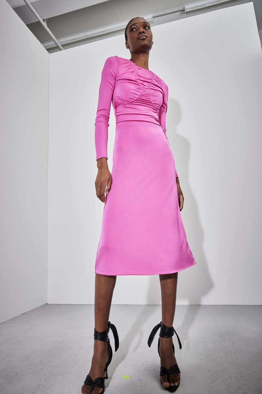 Et Ochs Keasha Magenta Ruched Jersey Bodycon Midi Dress Size 6